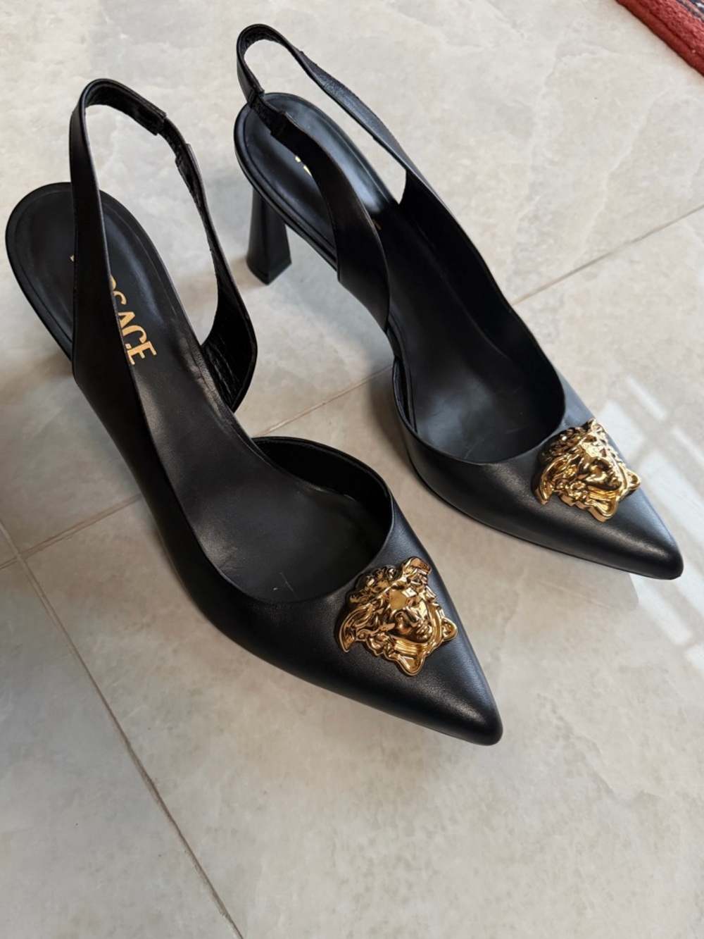 Authentic Versace Black 85 mm Leather Pointed Slingback  Gold Medusa Emblem